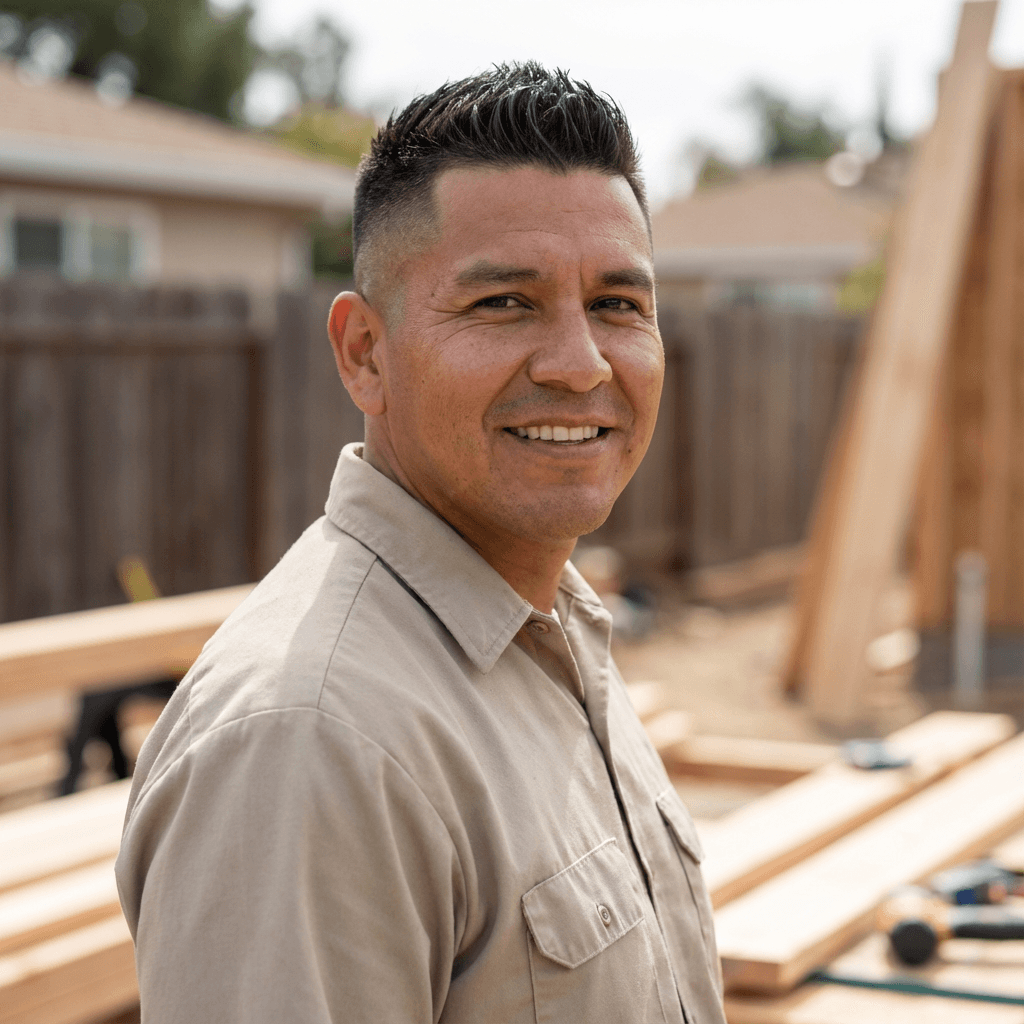 Male farmer in his early 40s standing next to a metal building