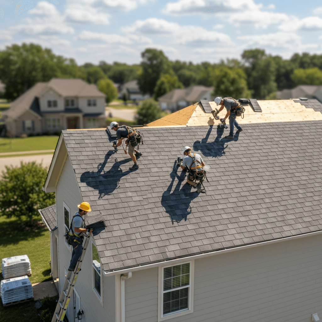 asphalt shingle roof being installed on residential house