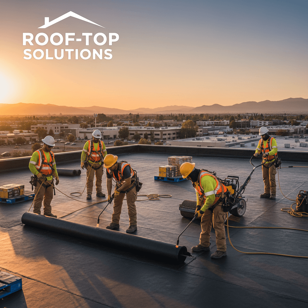 Commercial flat roof installation crew at work