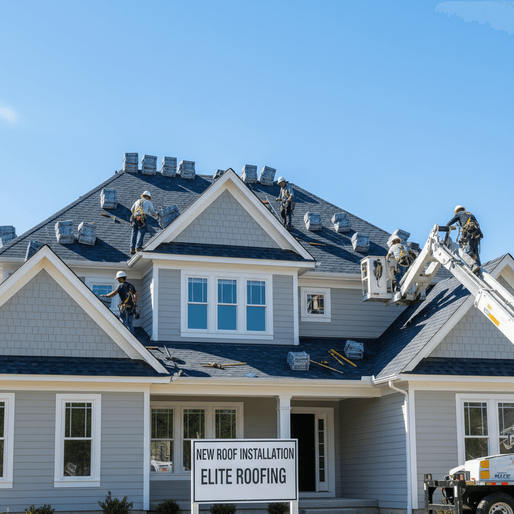 new roof installation on residential home with clear blue sky