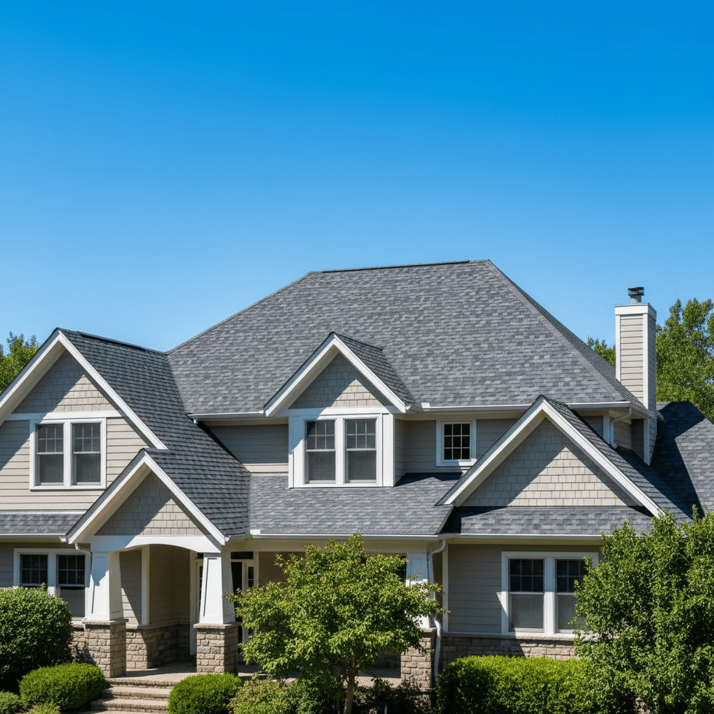 Completed asphalt shingle roof on a family home