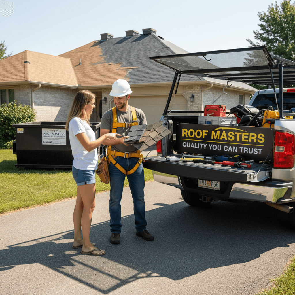 roofer consulting with homeowner showing material samples