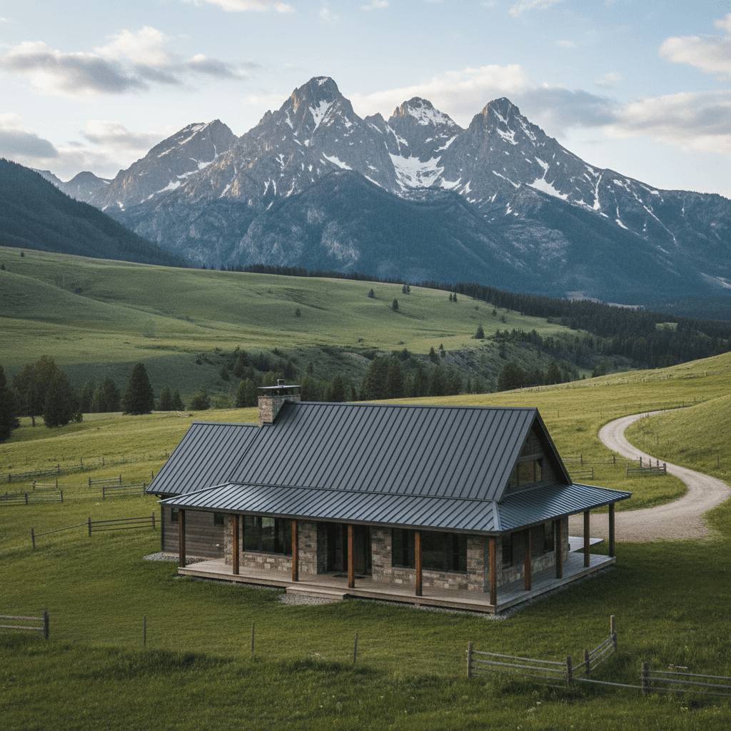 standing seam metal roof on rural home with mountain backdrop