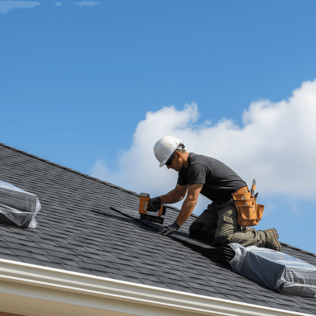Roofer installing asphalt shingles on a home roof