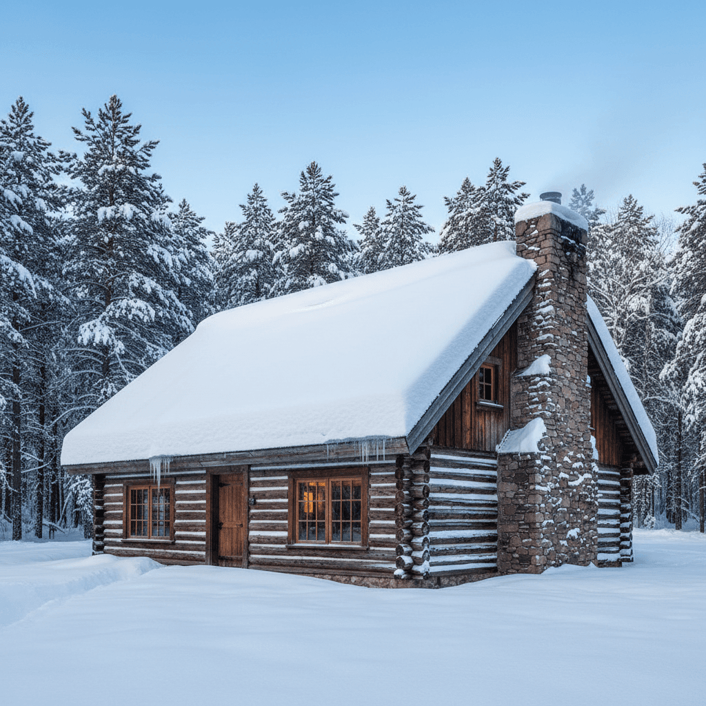 snow covered roof on sturdy house winter scene