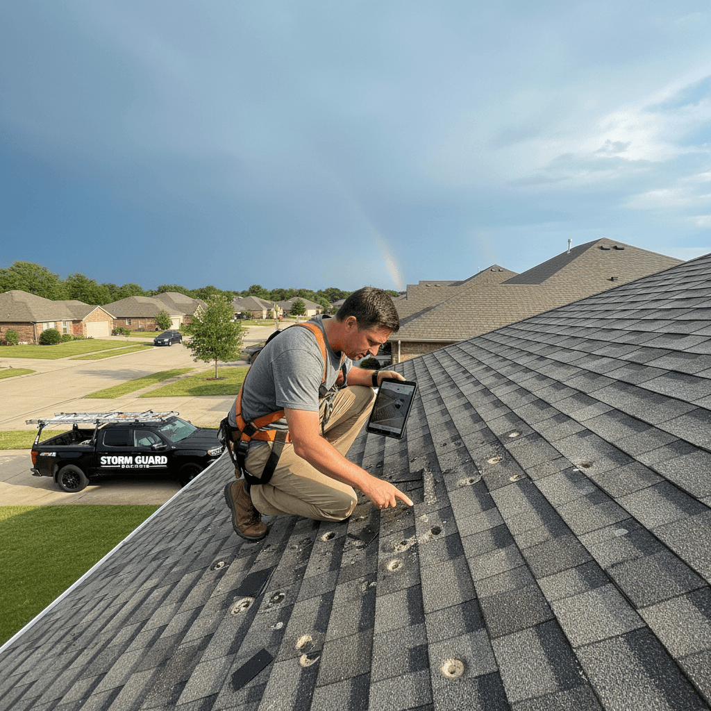 roofer inspecting roof for storm damage after hail
