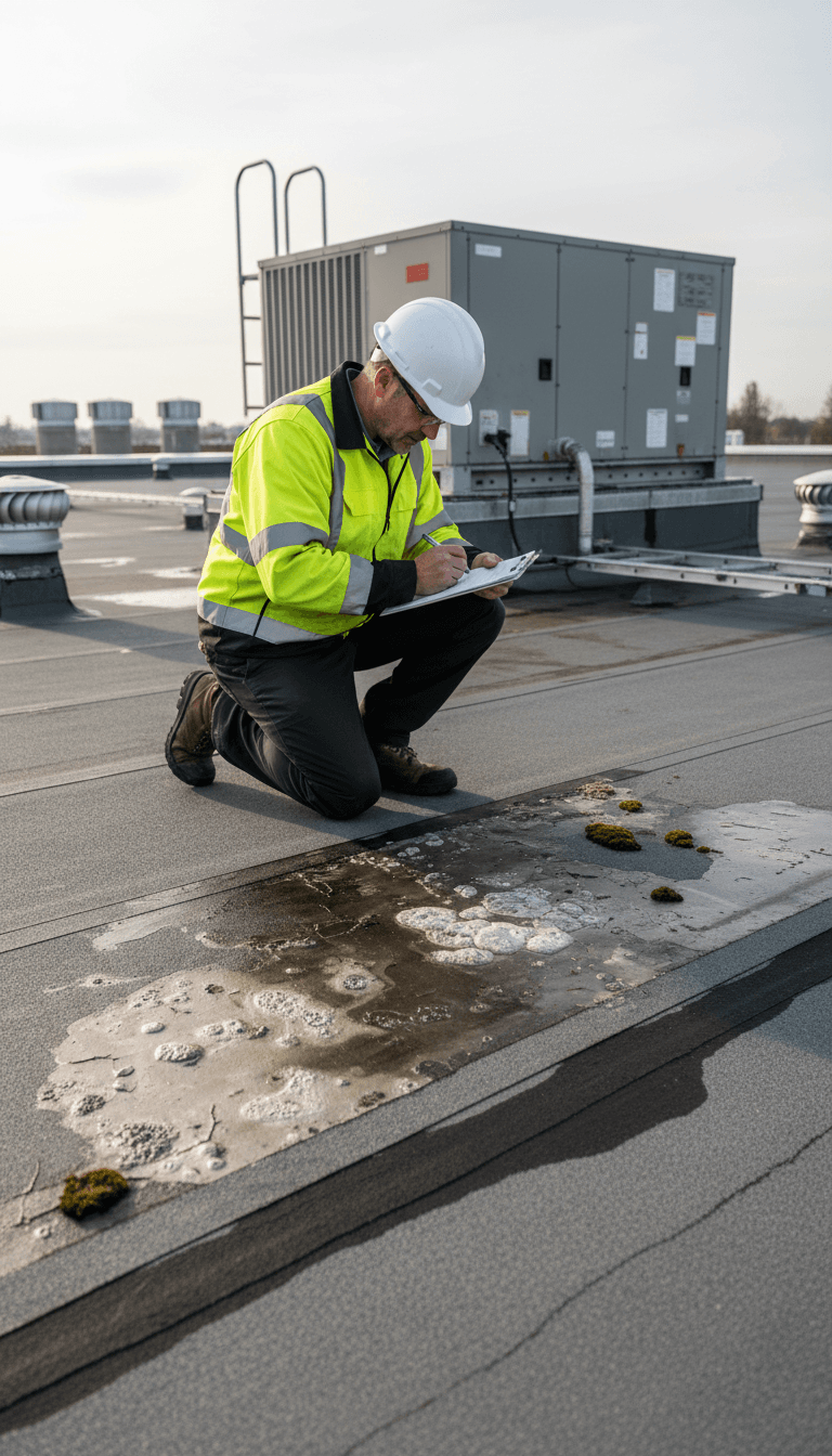 Roofer inspecting a commercial roof with a flashlight