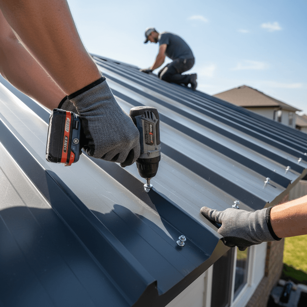 Roofer securing a metal roofing panel with a drill