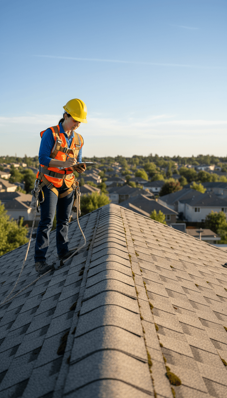 Roofer walking across a commercial rooftop with a city view