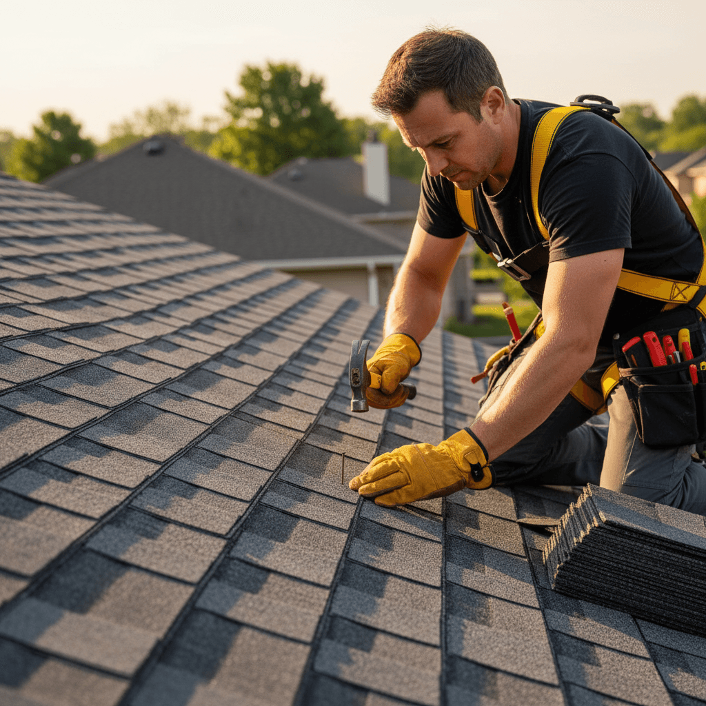 Roofer in a safety harness on a residential roof with shingles