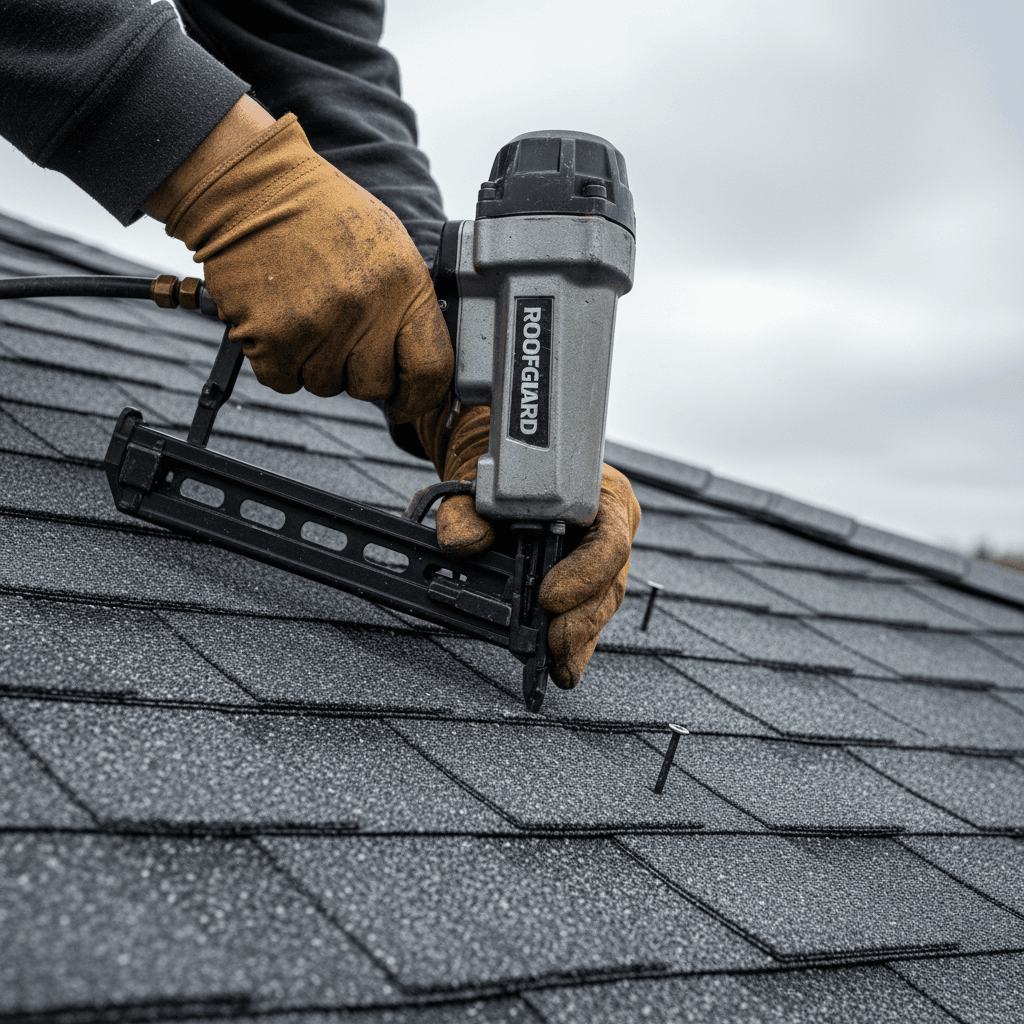 Roofer installing asphalt shingles on a home