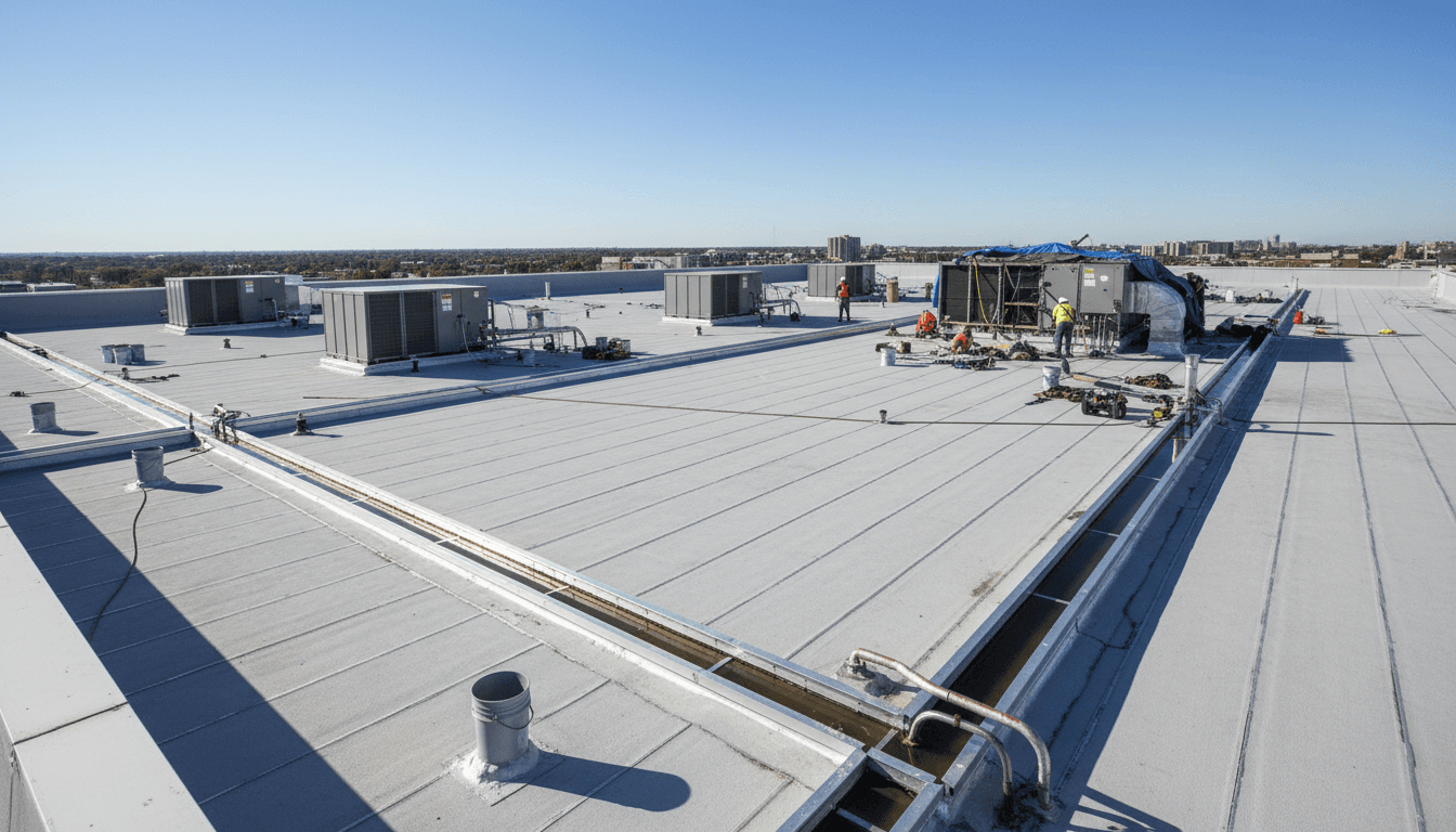 Flat commercial roof with white membrane and rooftop drains