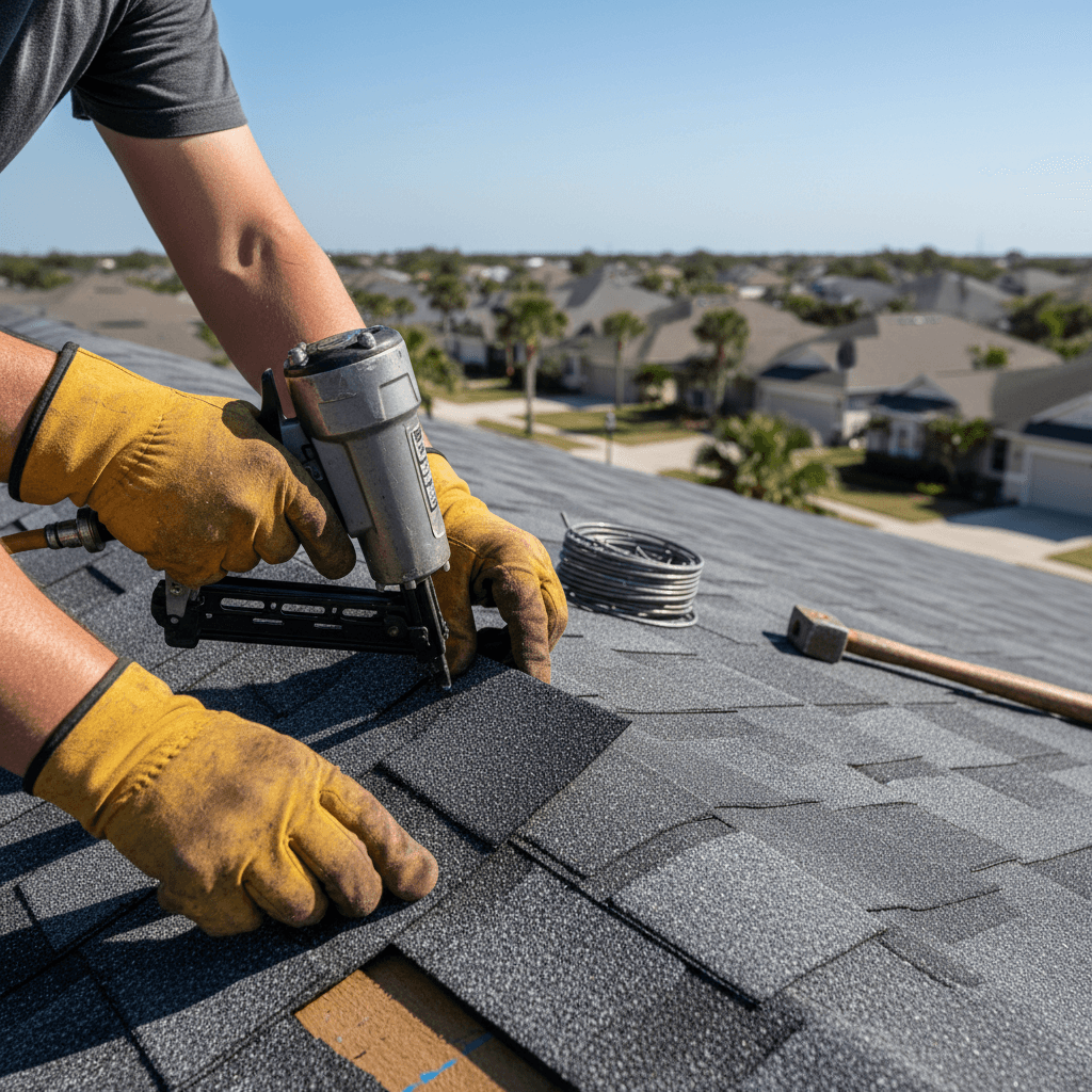 Roofer installing shingles on a residential roof