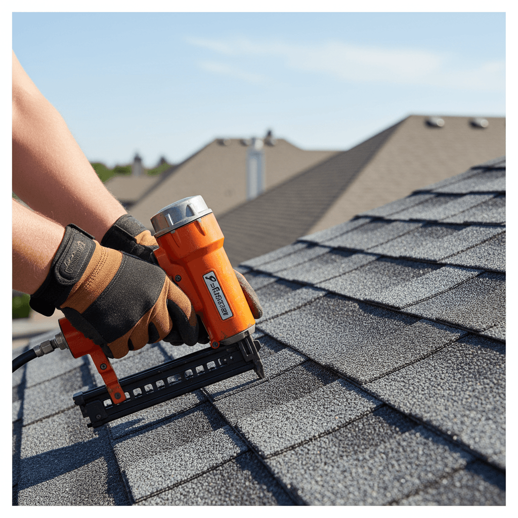 Roofer installing asphalt shingles on a residential roof
