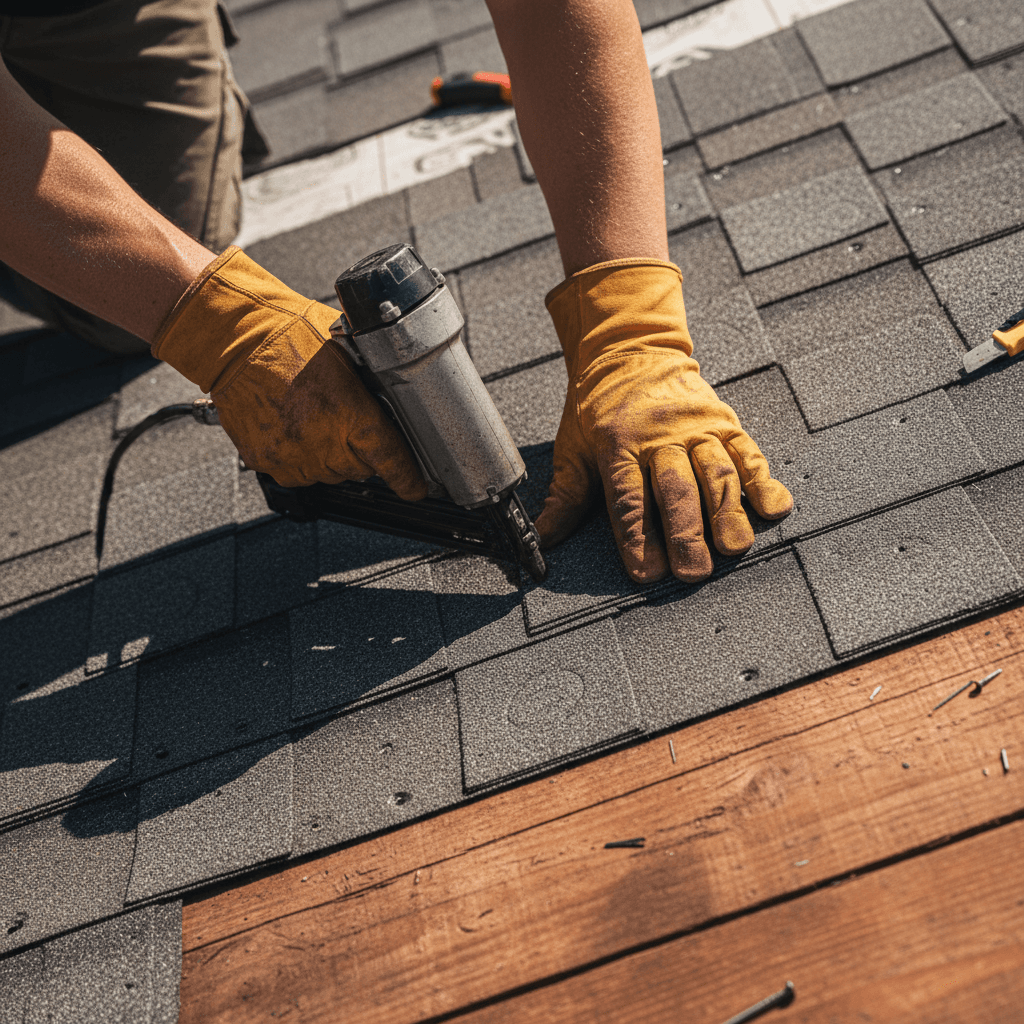 Worker nailing new roof decking onto a house frame