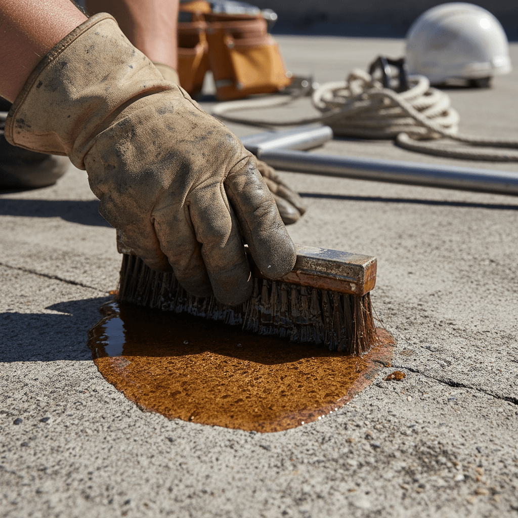 Worker applying white roof coating on a flat commercial roof