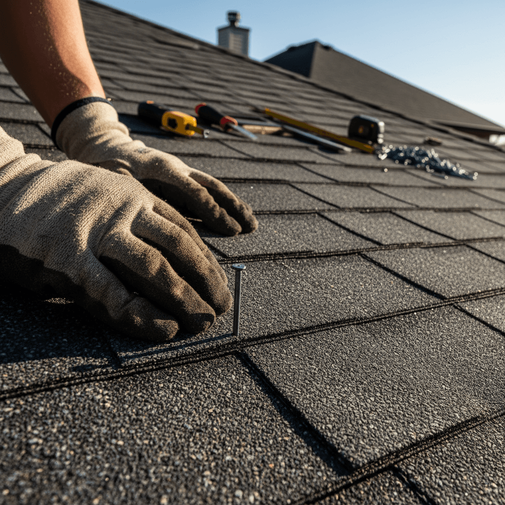 Roof vent on a freshly shingled roof under a clear sky