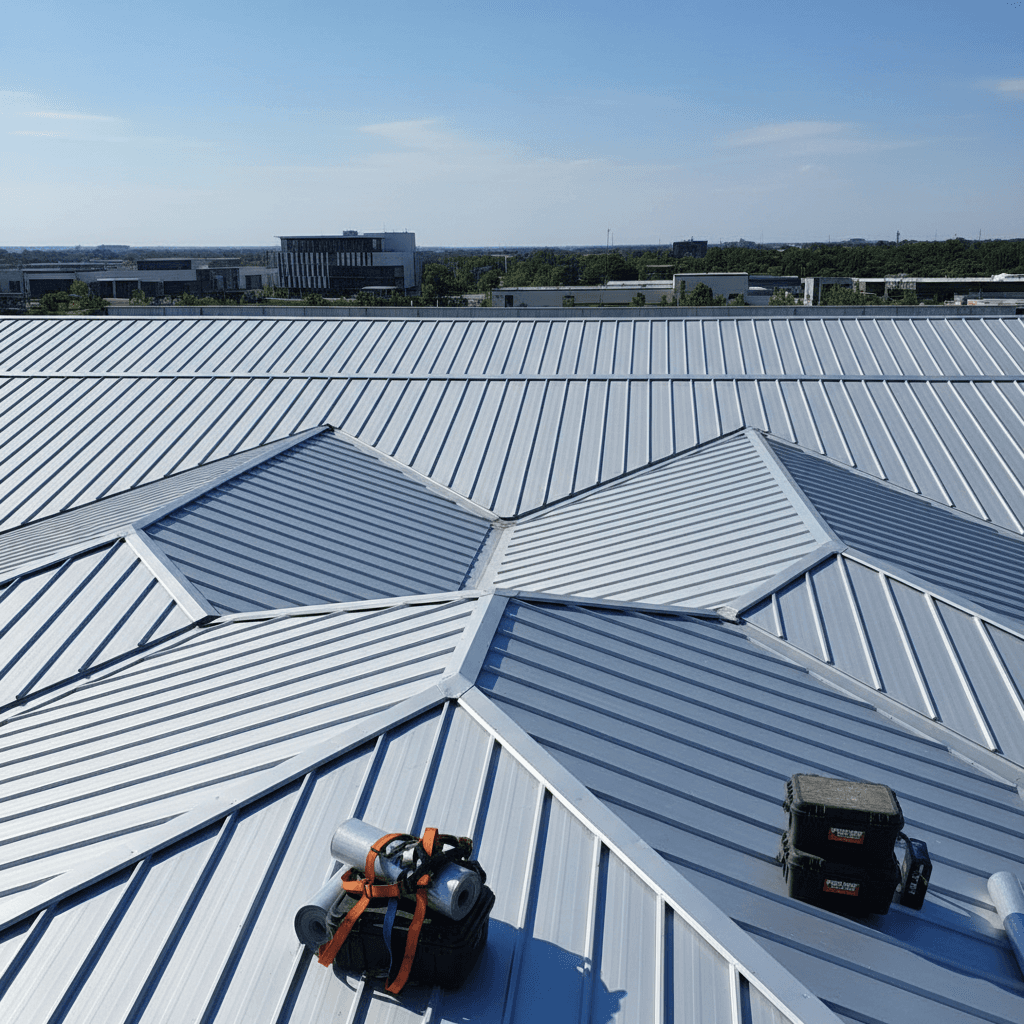 Standing seam metal roof panels on a commercial building