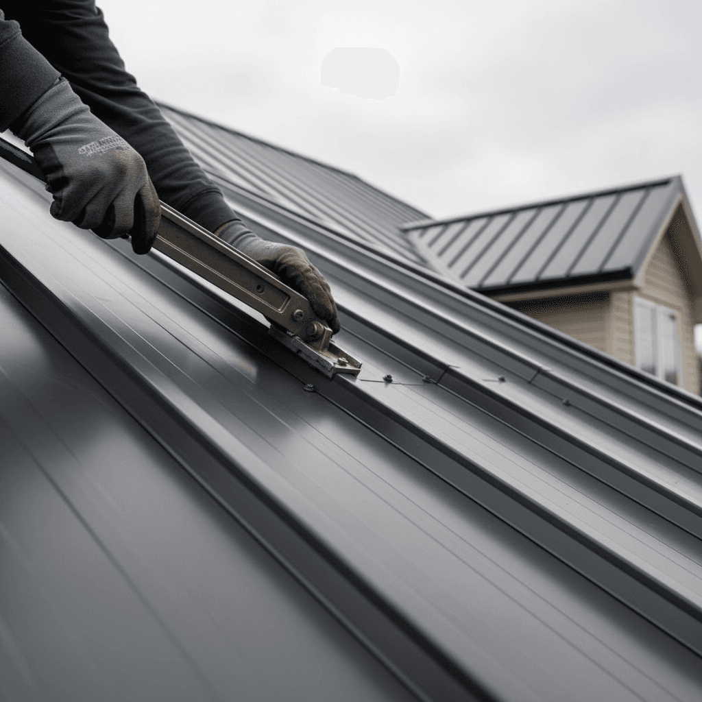 New standing seam metal roof on a rural farmhouse