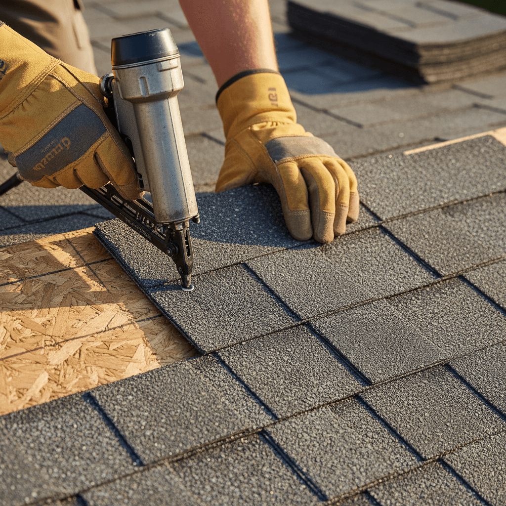 Workers tearing off old shingles from a house roof