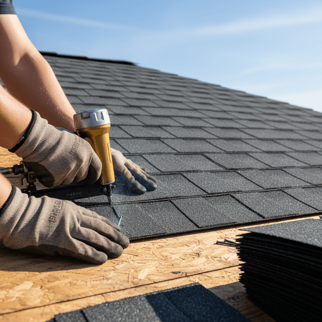 Roofer laying underlayment material across a roof surface