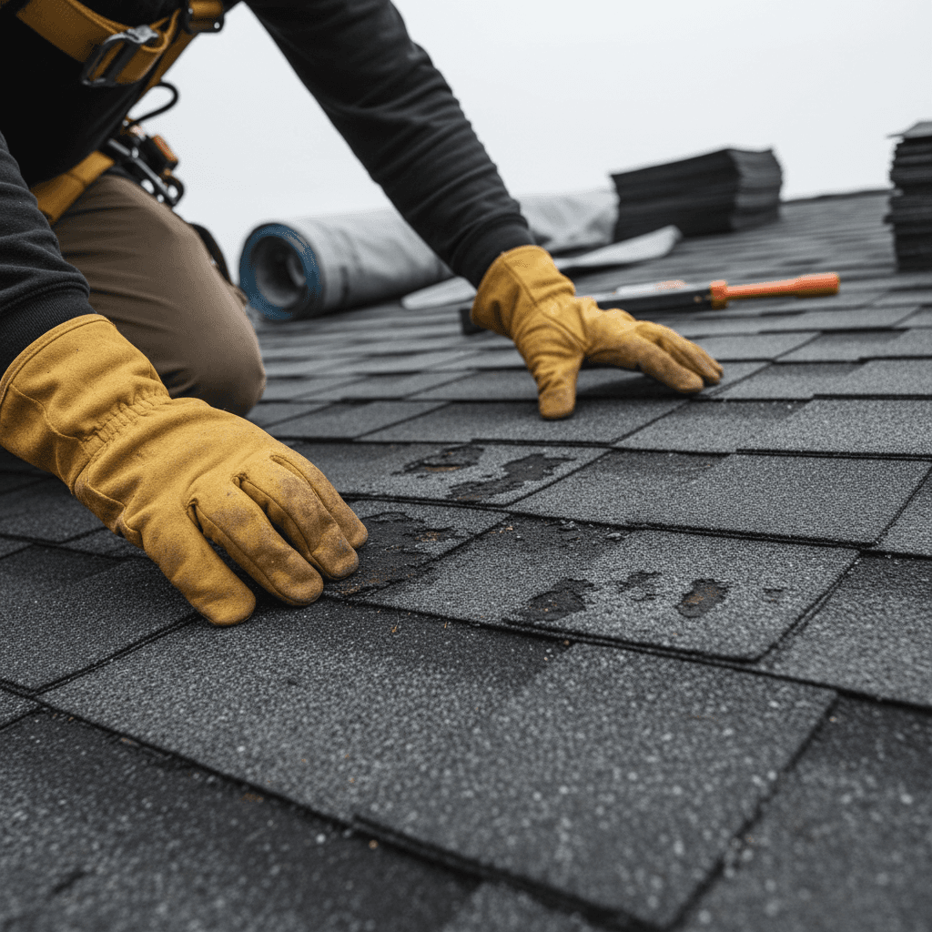 Roofer inspecting storm damaged shingles on a roof
