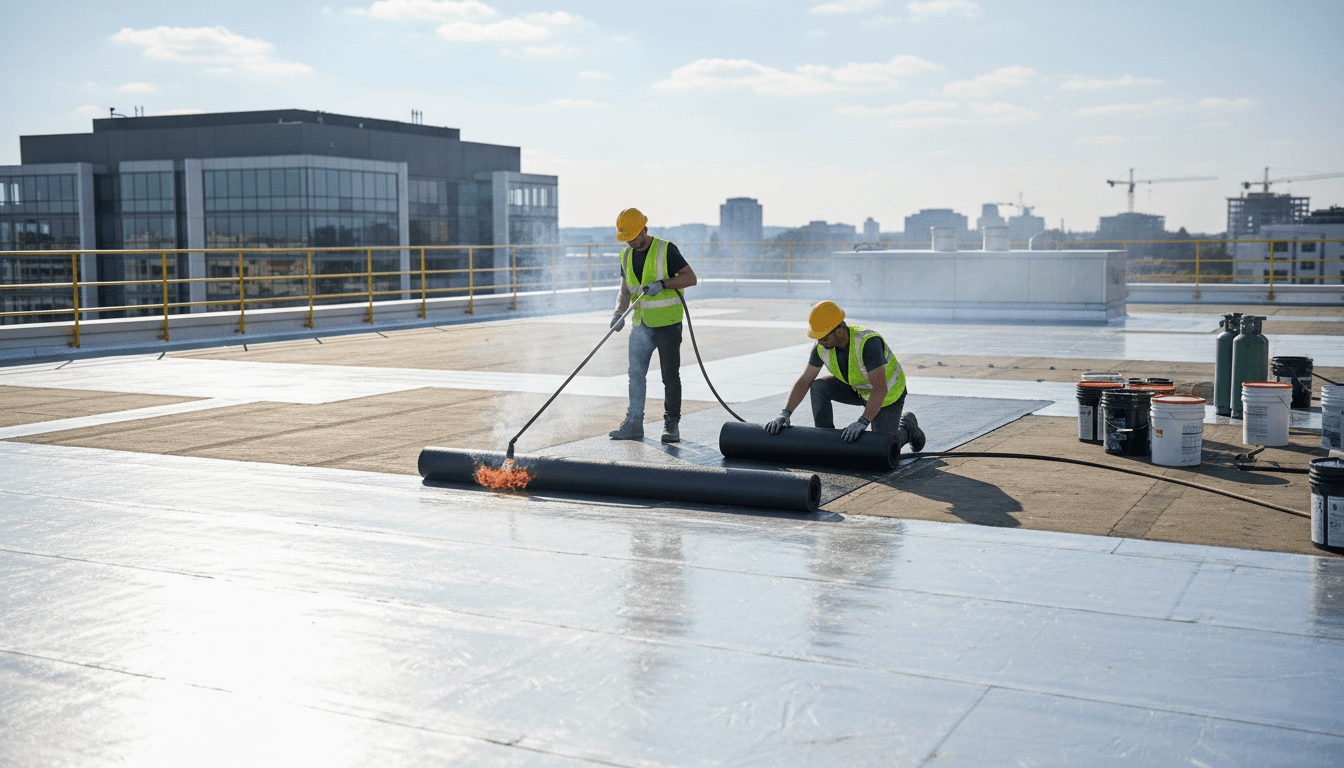 Commercial flat roof being coated