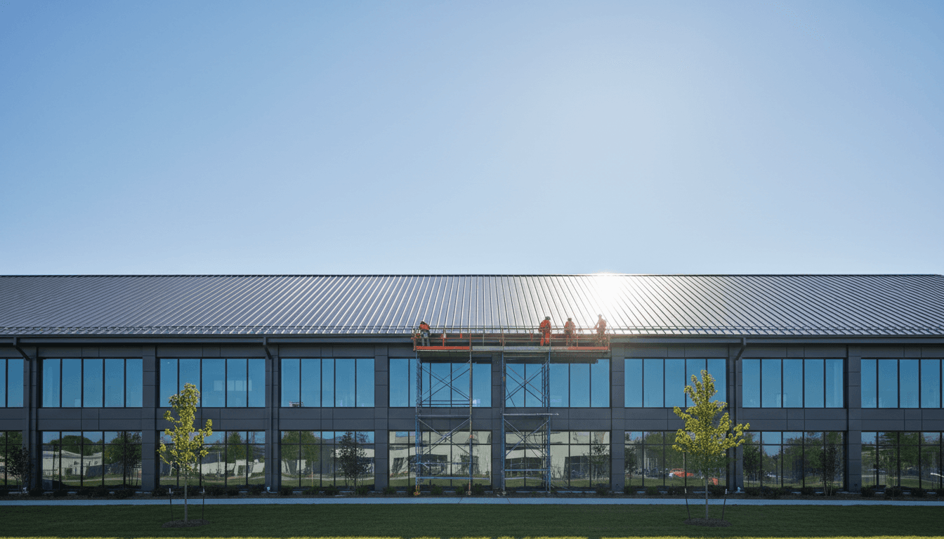 Finished metal roof on a shop building