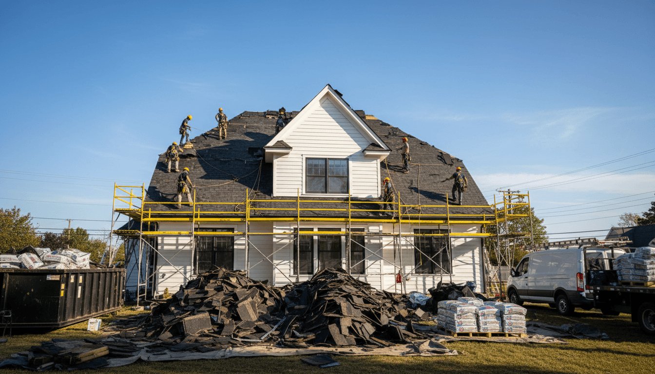 Roofer handing an estimate document to a property owner outside