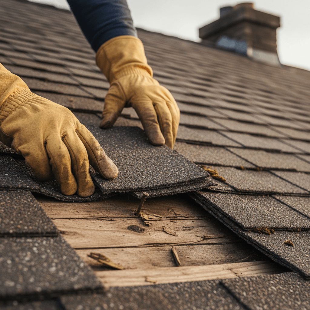 Close-up of hands checking roof shingles for leaks