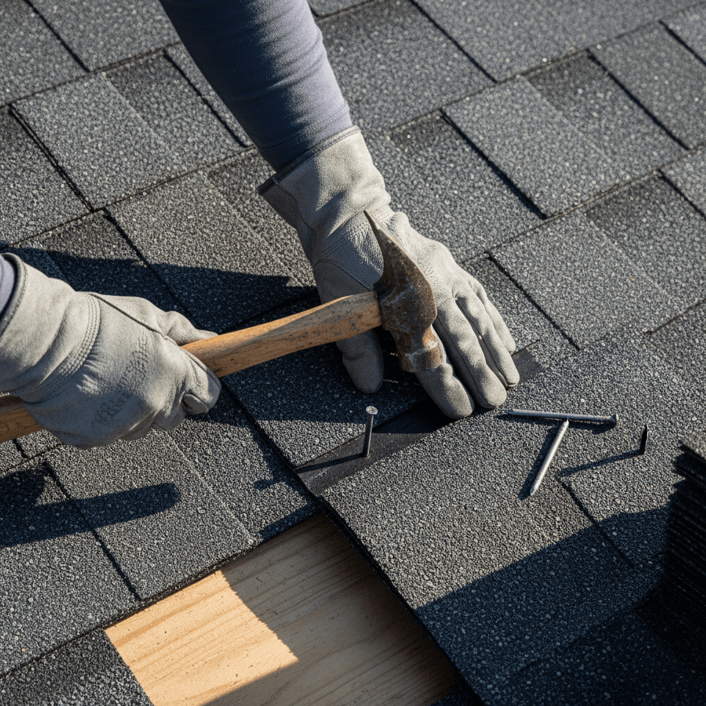 Roofer installing shingles on a home roof